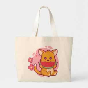Grand Tote Bag Cute Chat Manger Watermelon Kawaii