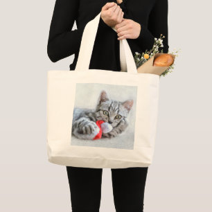 Grand Tote Bag Cute Grey Tabby Chat Noël Casquette Noël Noël Noël