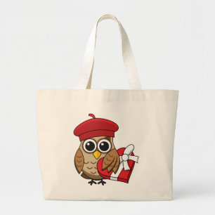 Grand Tote Bag Cute Owl with Red Beret and Heart Box