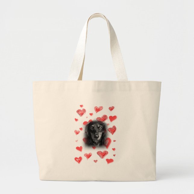 Grand Tote Bag Dachshund aux Coeurs rouges (Devant)