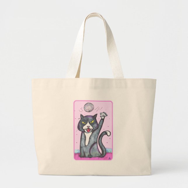 Grand Tote Bag Dancer Disco Ball Cat Cartoon Fun Art (Devant)