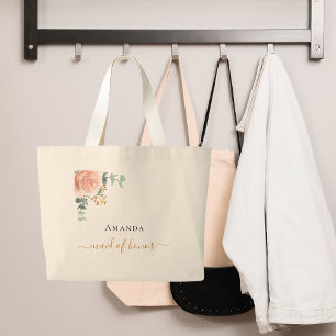 Grand Tote Bag Demoiselle d'honneur rose doré floral eucalyptus v