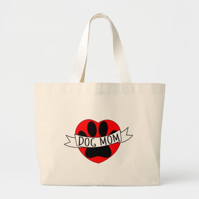Grand Tote Bag Dessin De Chien Maman Paw Et Red Heart (Devant)