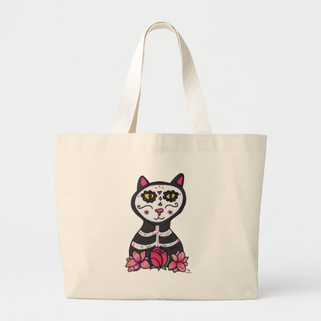 Grand Tote Bag Dia de Las Muertos Chat Halloween Design (Devant)