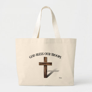 Grand Tote Bag Dieu bénisse nos troupes avec une croix robuste