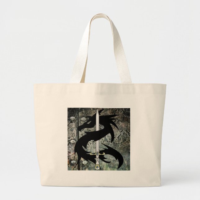 Grand Tote Bag Dragon noir et épée (Devant)