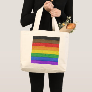 Grand Tote Bag Drapeau de fierté gay inclusif en bois noir de Sli