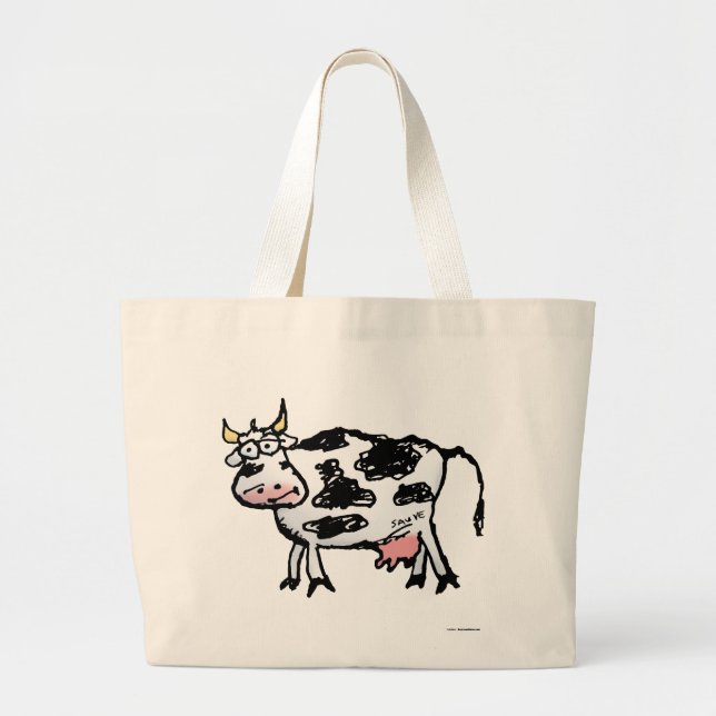 Grand Tote Bag Drôle Cartoon de vache noir et blanc (Devant)