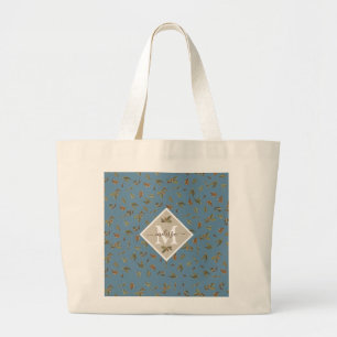 Grand Tote Bag Dusty Blue Rustic Feuilles Brown Monogramme