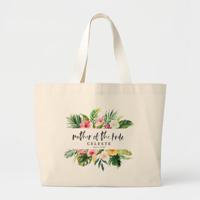 Grand Tote Bag Écriture d'aquarelle tropicale mère de la mariée (Devant)