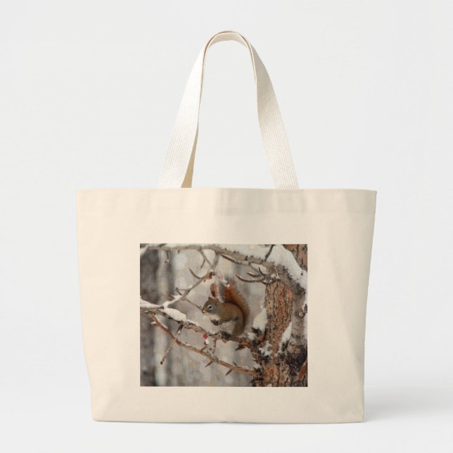 Grand Tote Bag Écureuil d'hiver, neige et baies rouges Conception (Devant)