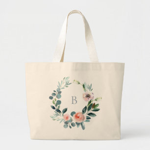 Grand Tote Bag Élégant jardin fleuri couronne monogramme