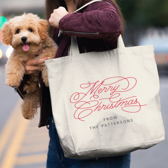 Grand Tote Bag Élégante calligraphie Nom de famille Joyeux Noël (Créateur téléchargé)