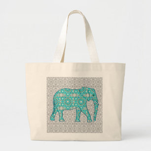 Grand Tote Bag Eléphant fleur Mandala - turquoise, gris & blanc