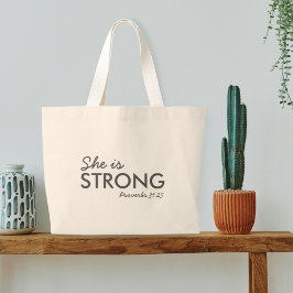Grand Tote Bag Elle est forte | Proverbes 31:25 Foi chrétienne