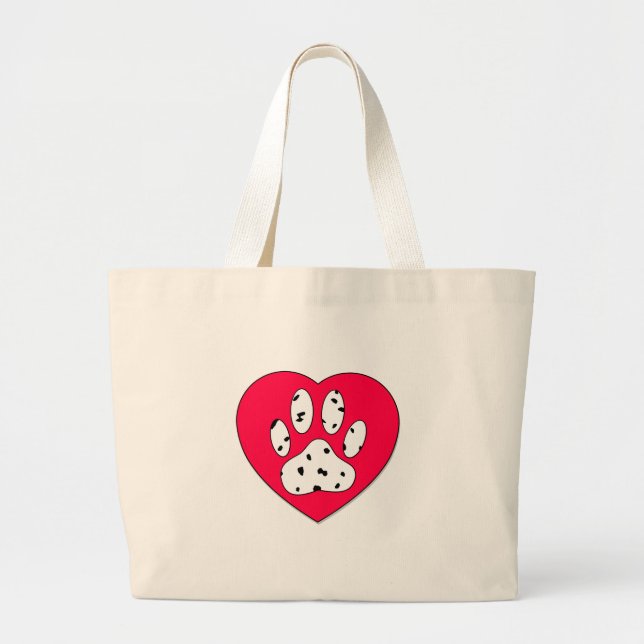 Grand Tote Bag Empreinte de patte dalmate dans le coeur rouge (Devant)