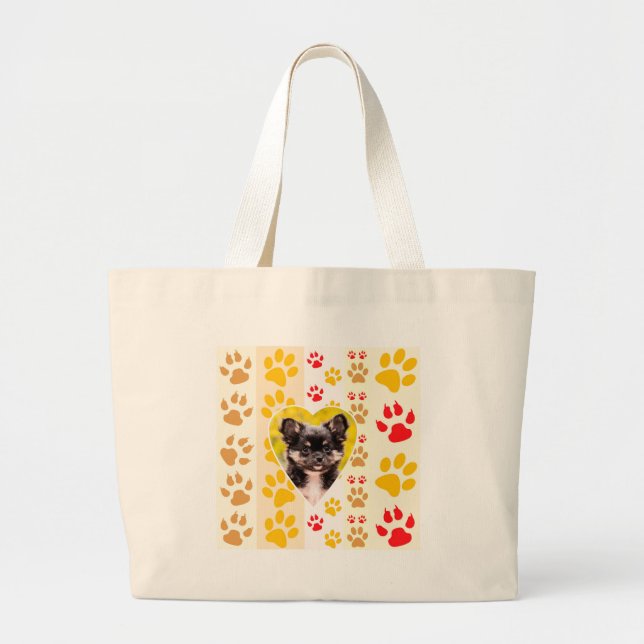Grand Tote Bag Empreintes de pattes cardiaques du Chihuahua (Devant)