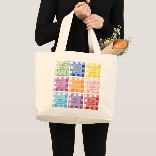 Grand Tote Bag en vichy versets bibliques sur les enfants bébés (Devant (produit))
