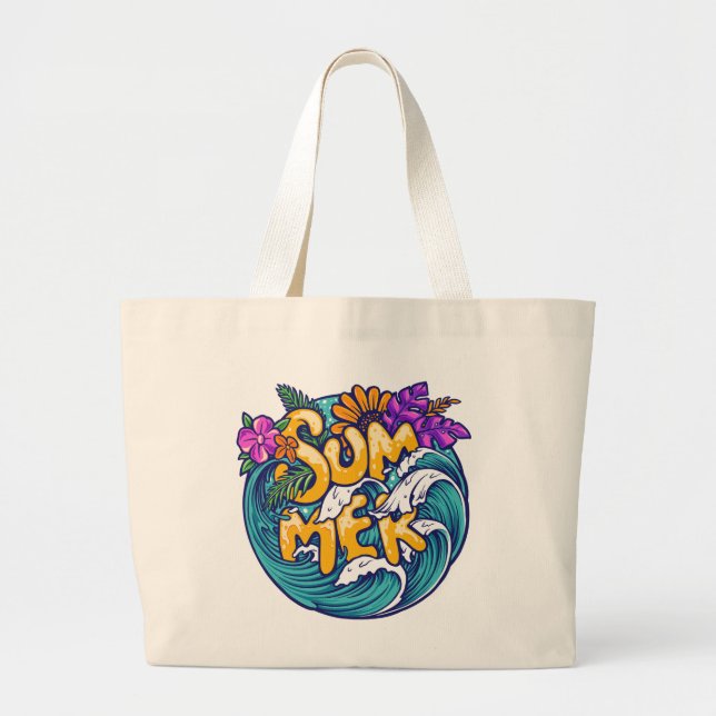 Grand Tote Bag Été Fleurs tropicales Plage Vagues océaniques (Devant)