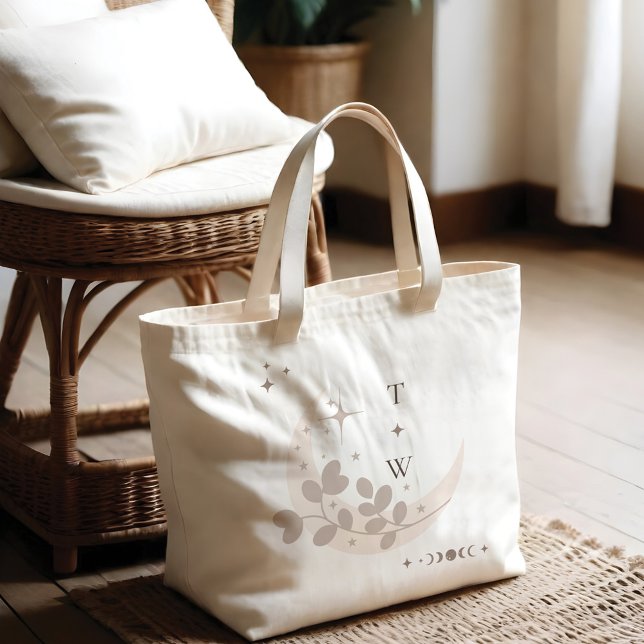 Grand Tote Bag Étoile de lune céleste Monogram Boho Bridesmaid (Celestial Moon Star Monogram Boho Bridesmaid Large Tote Bag)