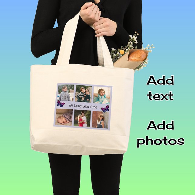 Grand Tote Bag Famille 6 photos texte personnalisé bleu cadre pap (Jumbo tote bag, natural)