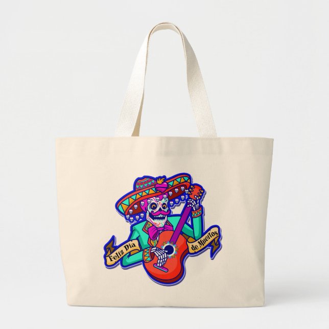 Grand Tote Bag Feliz Dia De Muertos avec Squelette Jouer de la gu (Devant)