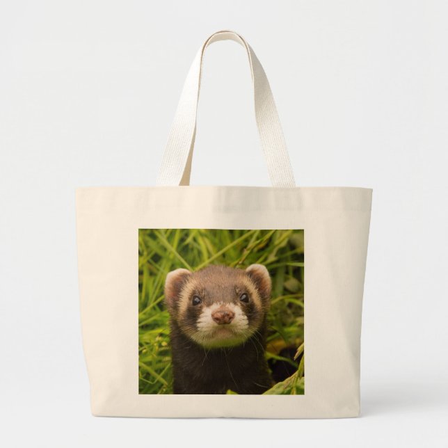Grand Tote Bag Ferret Brown dans l'herbe (Devant)