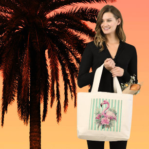 Grand Tote Bag Flamant rose rose populaire sur la bande de menthe