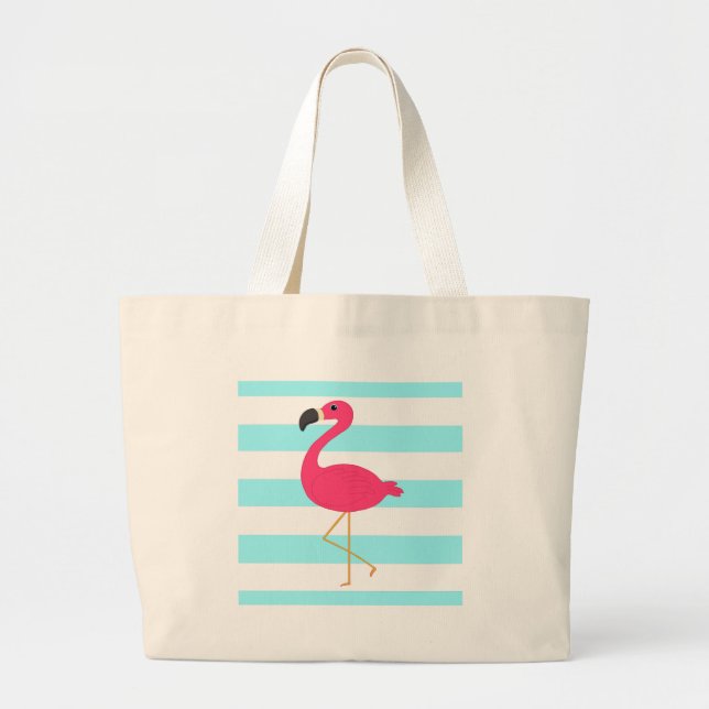 Grand Tote Bag Flamant rose rose sur les rayures turquoises (Devant)