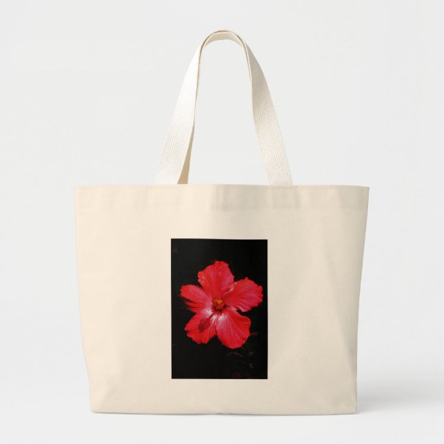 Grand Tote Bag Fleur d'Hibiscus rouge rose chaud sur noir (Devant)