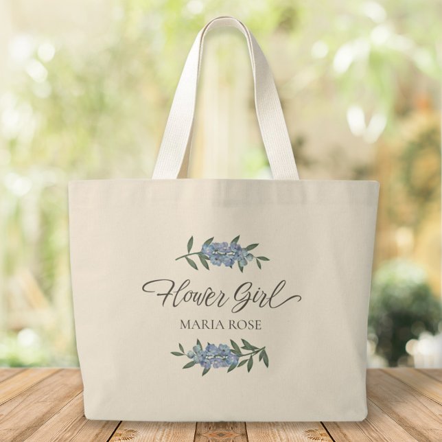 Grand Tote Bag Fleur fille mignonne Bleu Floral Botanique Chic (Créateur téléchargé)