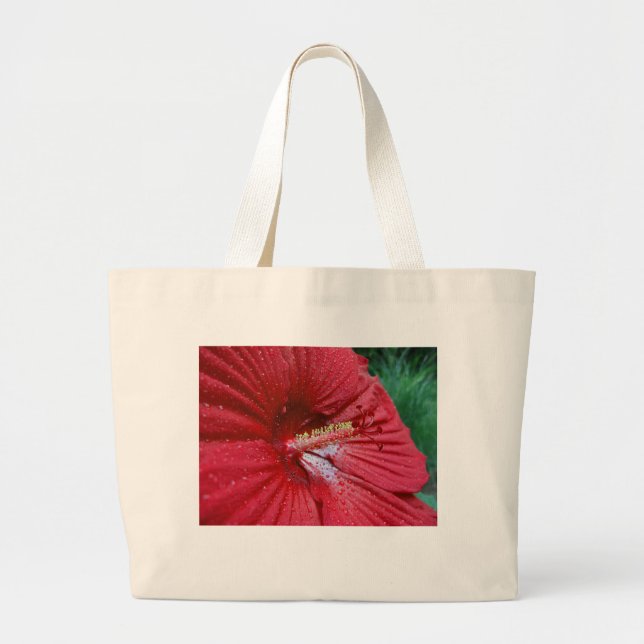 Grand Tote Bag Fleur Hibiscus Rouge Avec Raindrops Photo (Devant)