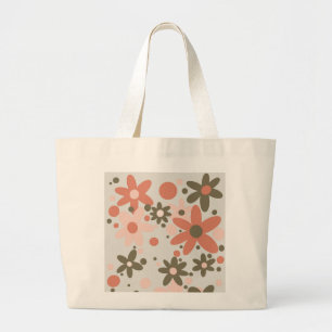 Grand Tote Bag Fleurs Abstraites en corail, pêche et vert