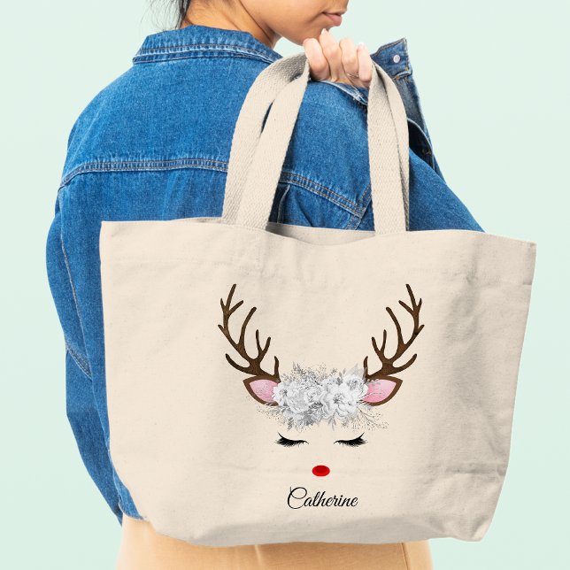 Grand Tote Bag Floral Christmas Reindeer Nom personnalisé (Créateur téléchargé)