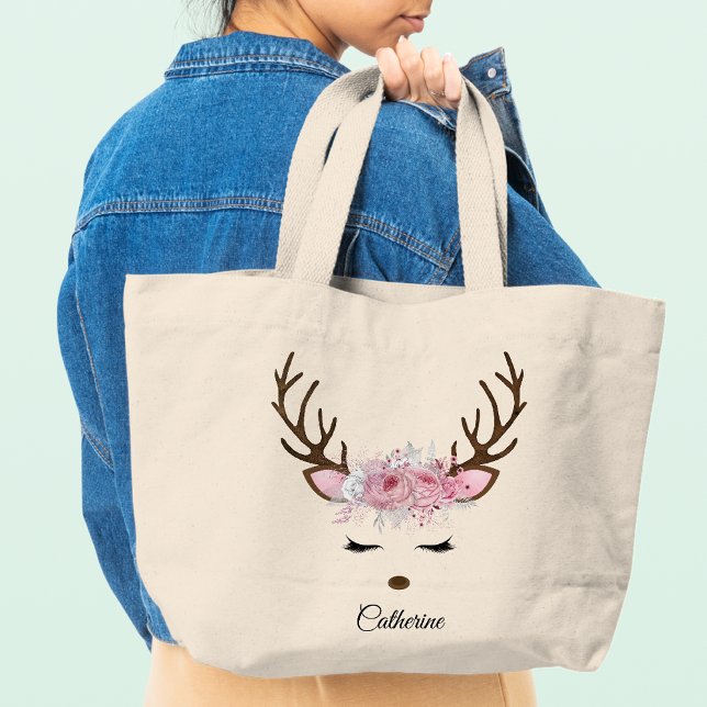 Grand Tote Bag Floral Christmas Reindeer Nom personnalisé (Créateur téléchargé)
