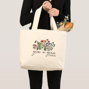 Grand Tote Bag Floral Croissant En Grace Citation Chrétienne