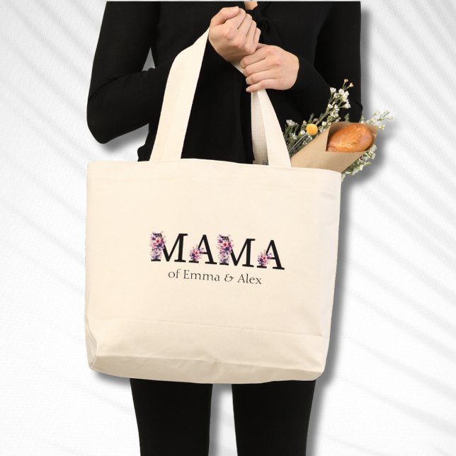 Grand Tote Bag Floral Mama Texte Personnalisé Noms des enfants (Créateur téléchargé)