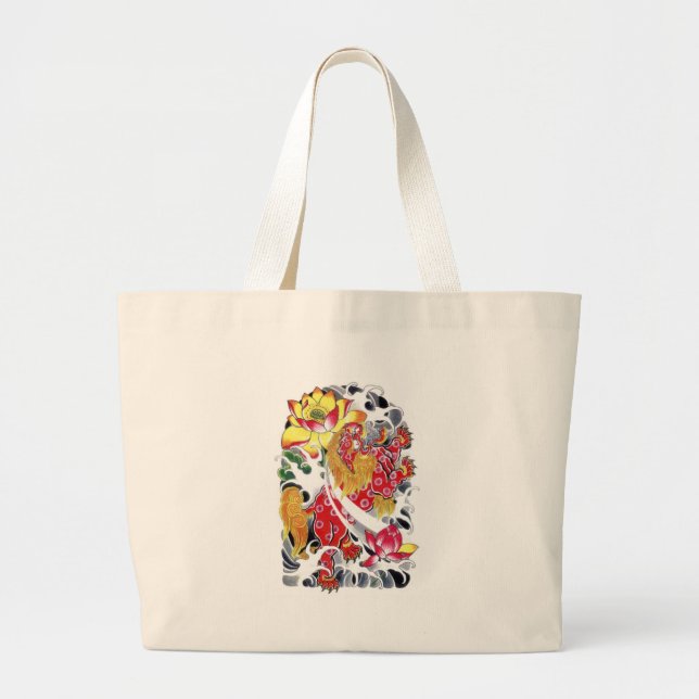 Grand Tote Bag Foot Dog & Lotus Tattoo Design (Devant)