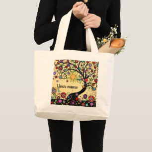 Grand Tote Bag Fun Cheery Flowers et Whimsical Tree