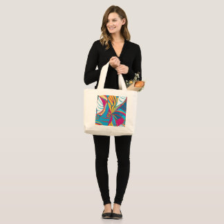 Grand Tote Bag Fusion de batik tropical vibrant abstrait feuilles