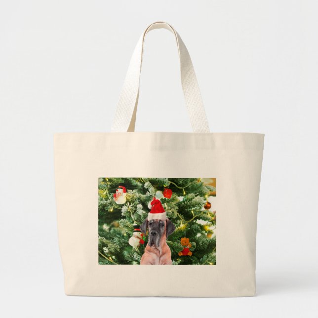 Grand Tote Bag Great Dane w Christmas Tree Cadeaux Boîtes de Noël (Devant)