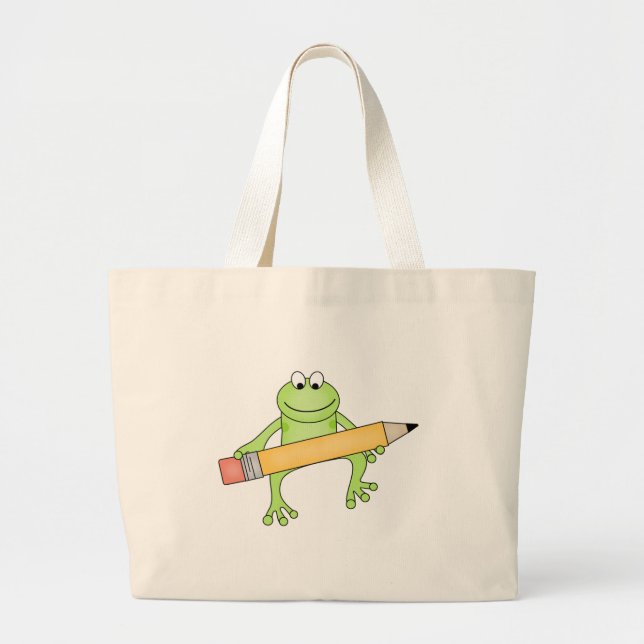 Grand Tote Bag Grenouille verte avec le crayon (Devant)