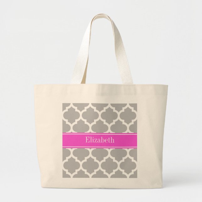 Grand Tote Bag Gris Blanc Marocain #5 Hot Pink Nom Monogramme (Devant)