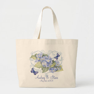 Grand Tote Bag Hortensias bleus, papillon et floral moderne de
