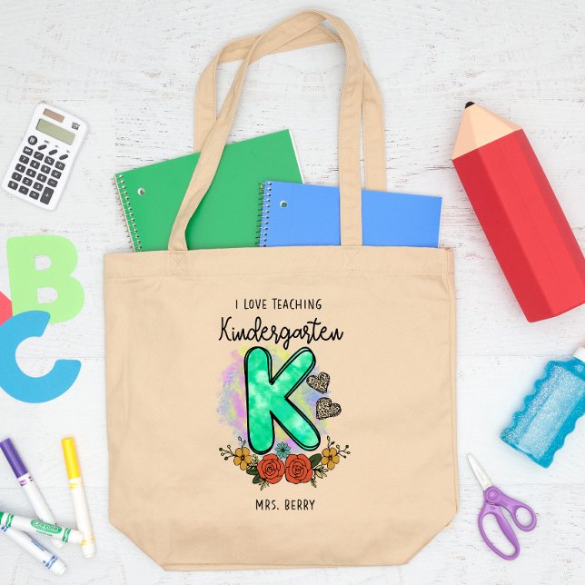 Grand Tote Bag I Love Teaching Kindergarten Ajouter Votre Nom (Créateur téléchargé)