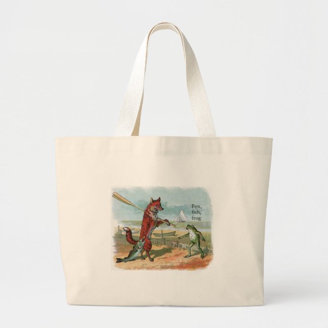 Grand Tote Bag Illustration ancienne de la pêche à la grenouille  (Devant)