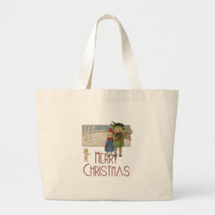 Grand Tote Bag Illustration Antique Enfants Noël 1920