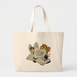 Grand Tote Bag Illustration de fée amatrice de livres anciens
