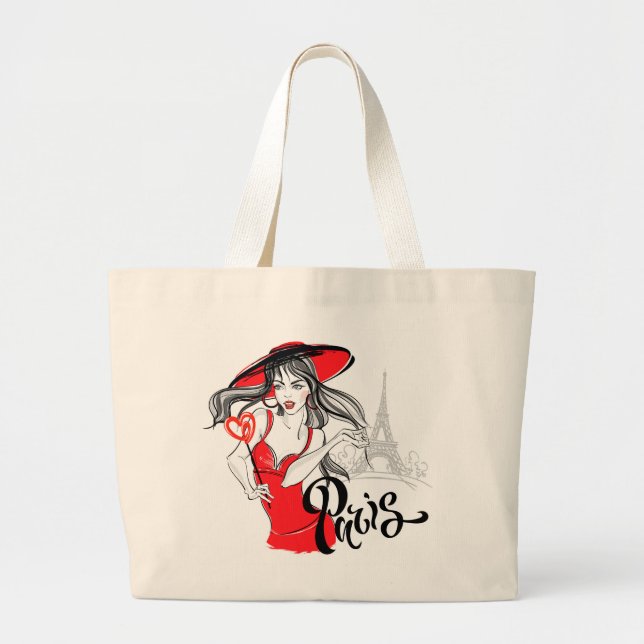 Grand Tote Bag Illustration de la femme à la mode à Paris (Devant)