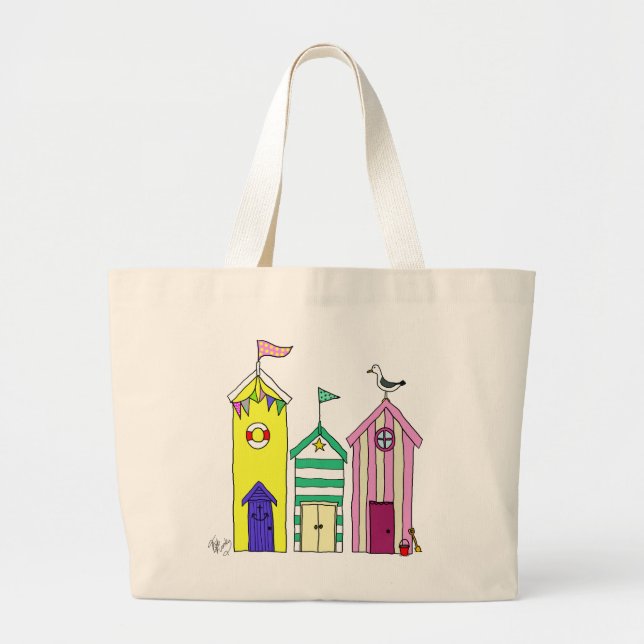 Grand Tote Bag Illustration des Beach Huts 1 (Devant)